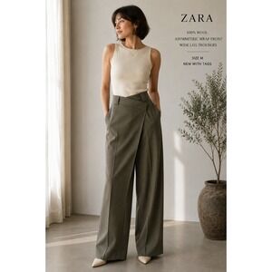 Zara 100% Wool Asymmetric Wrap Front Wide Leg Trousers